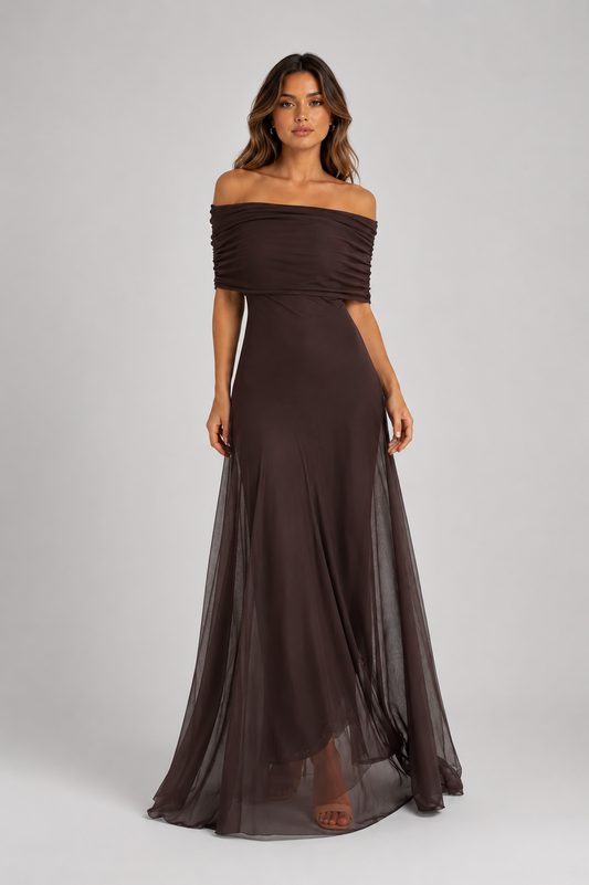 Vestido Largo Chiffon Hombros Caídos