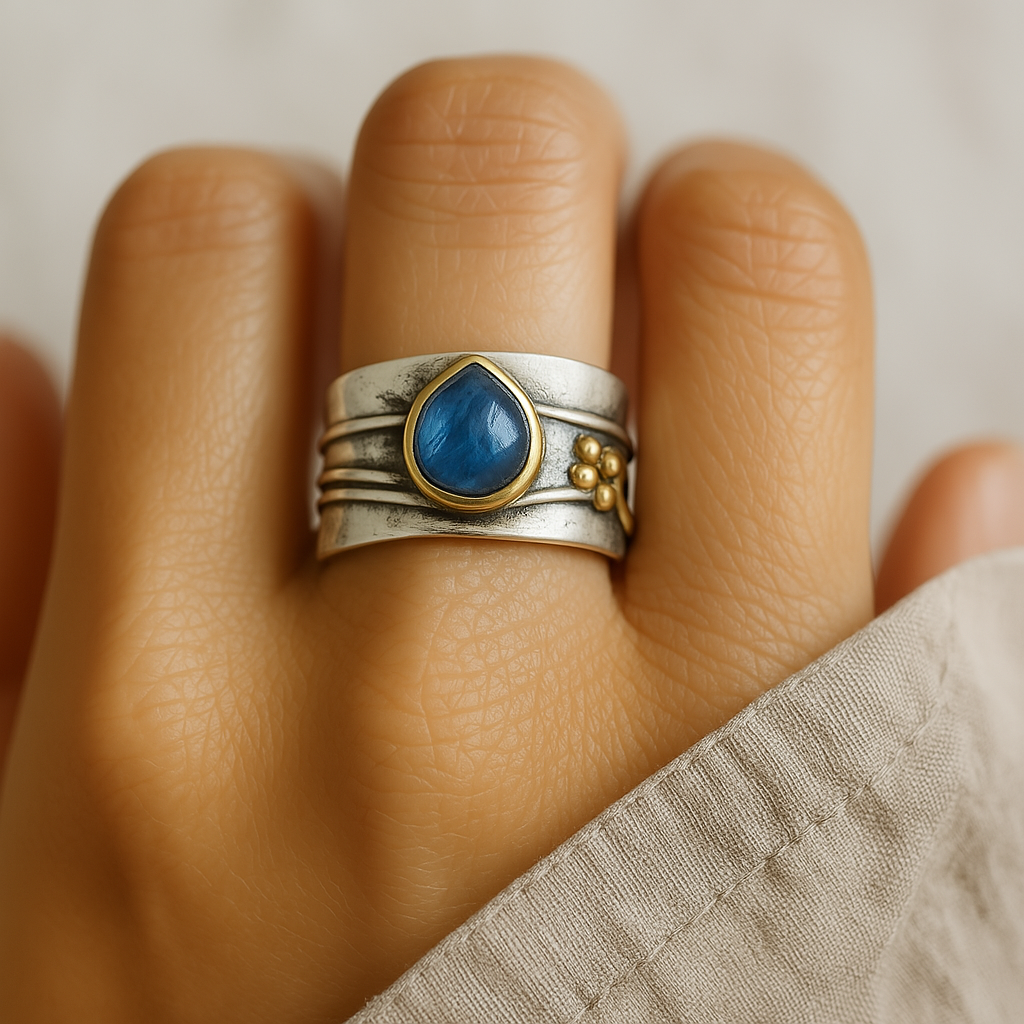 Anillo vintage de zafiro azul en plata chapada en oro