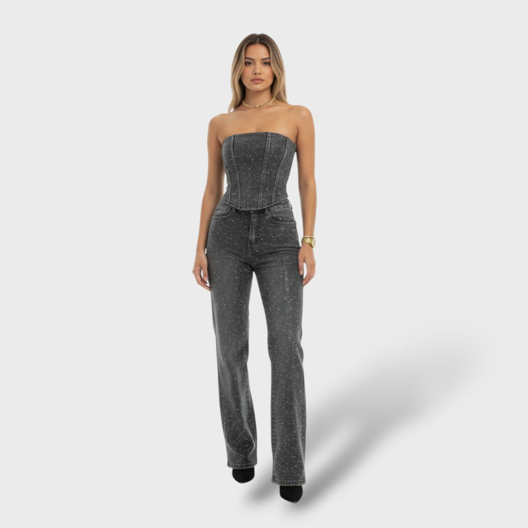 Conjunto Brillante Mujer con Jeans de Cintura Alta