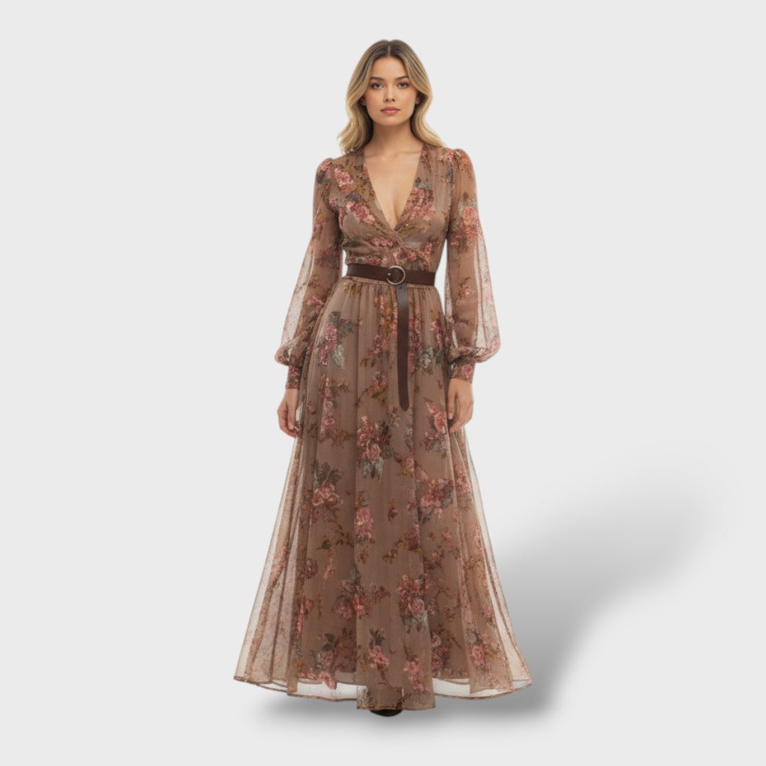 Vestido boho largo floral manga larga