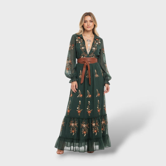 Vestido boho largo floral manga larga