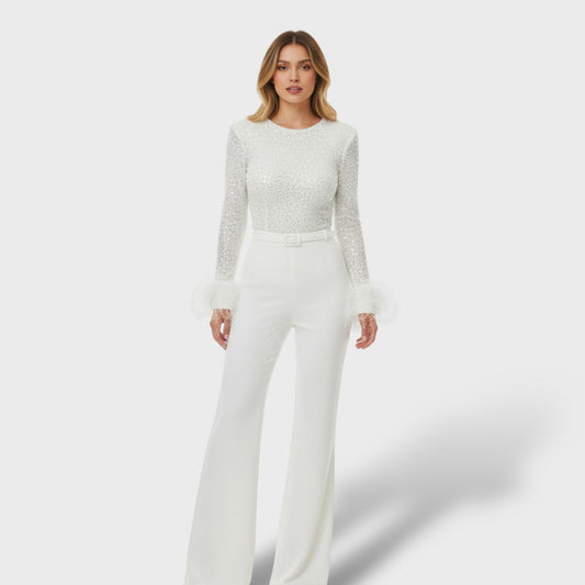 Mono Elegante con Lentejuelas y Plumas Mujer