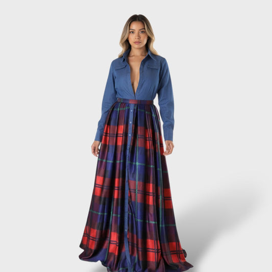 Vestido Largo Elegante Patchwork Rojo Mujer
