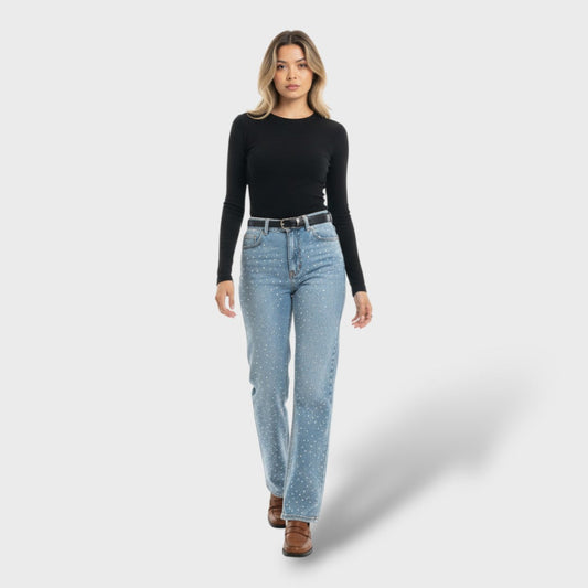 Pantalones Rectos Talle Alto Diamanté