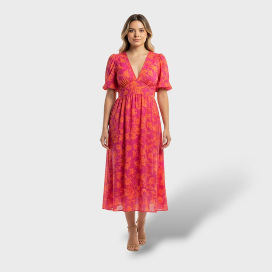 Vestido midi floral con mangas abullonadas y escote en V