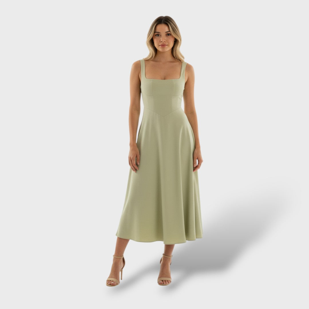 Vestido Midi Cuello Cuadrado Mujer