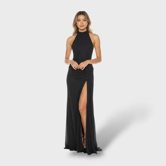 Vestido Largo Elegante con Cuello Alto y Abertura Lateral