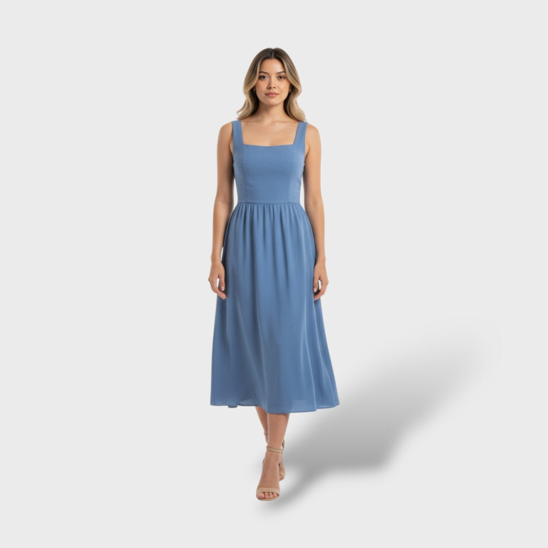 Vestido Midi Elegante sin Mangas con Cuello Cuadrado