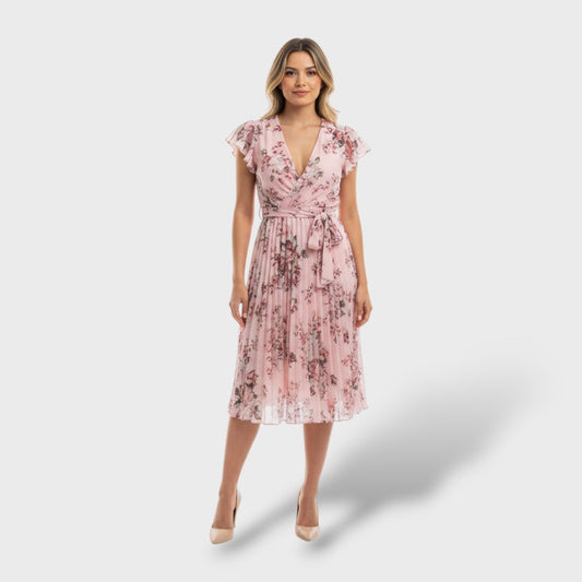 Vestido Midi Floral Cruzado con Cinturón Lazo