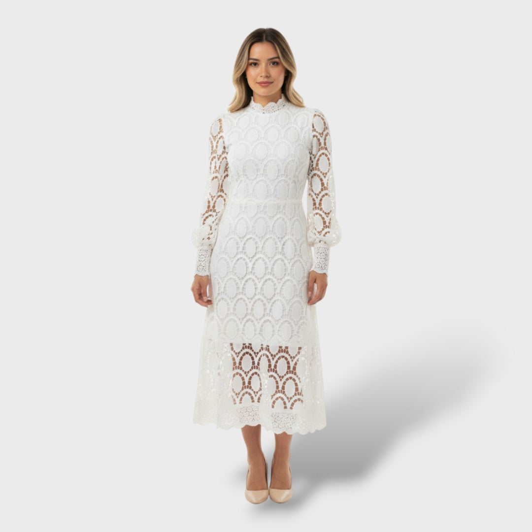 Vestido de Encaje con Mangas Abullonadas y Cuello Alto