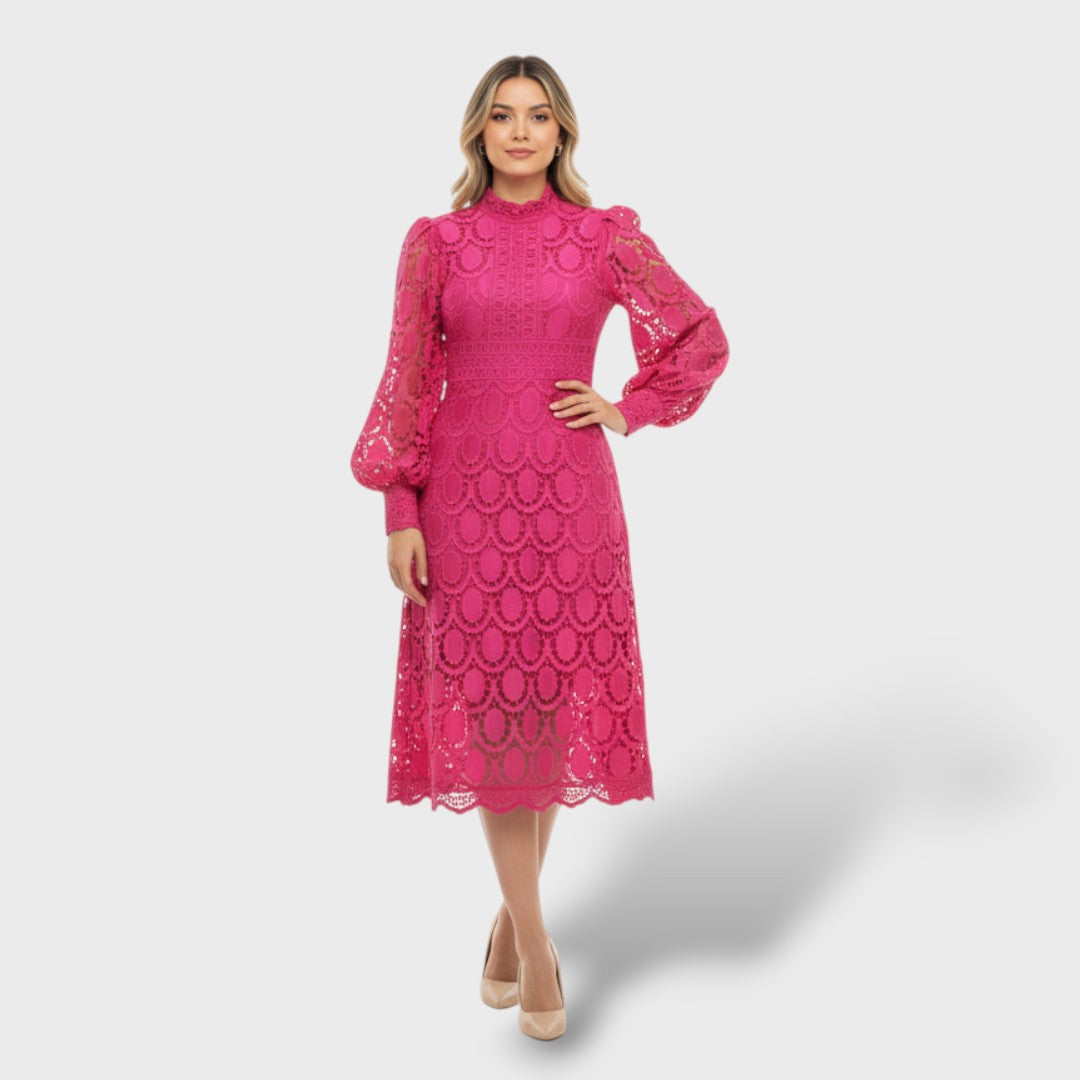 Vestido de Encaje con Mangas Abullonadas y Cuello Alto