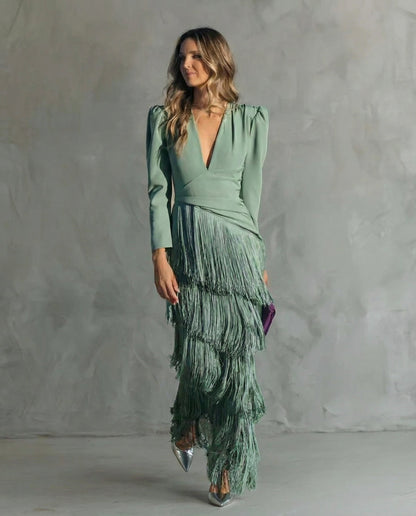 Alessia ™ Vestido midi elegante con mangas de flecos