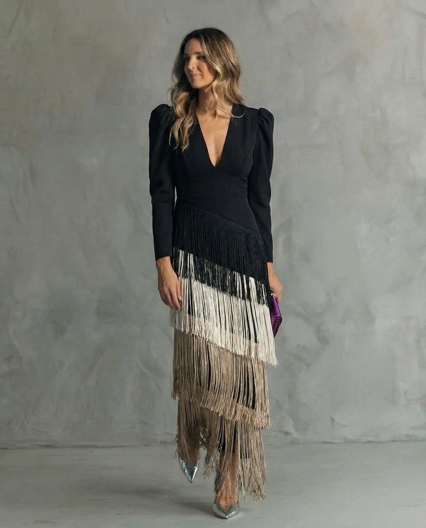 Alessia ™ Vestido midi elegante con mangas de flecos
