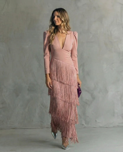 Alessia ™ Vestido midi elegante con mangas de flecos