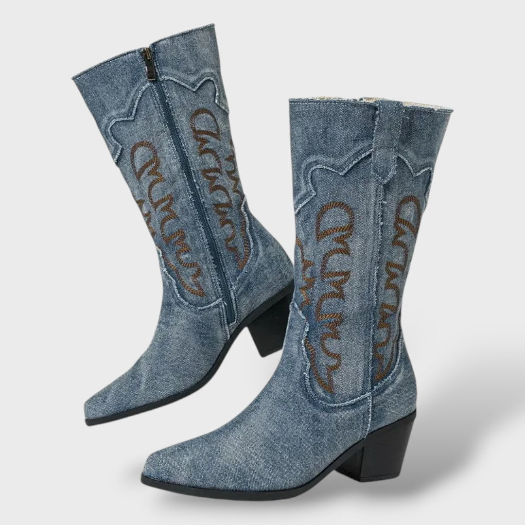 Botas Vaqueras de Mezclilla Bordadas