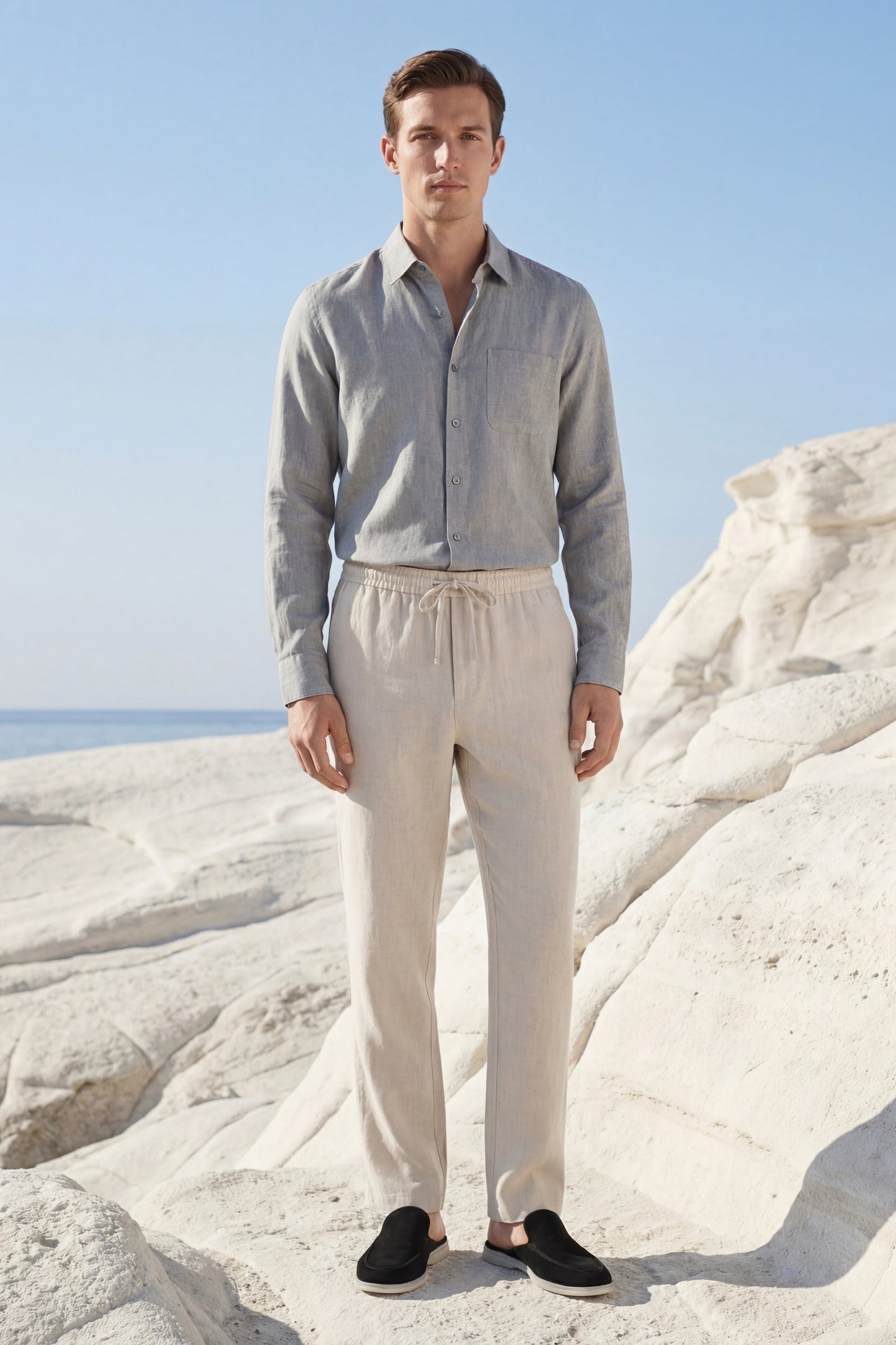 Pisa de Luna Bellucci, conjunto de lino de manga larga para hombre en gris/beige