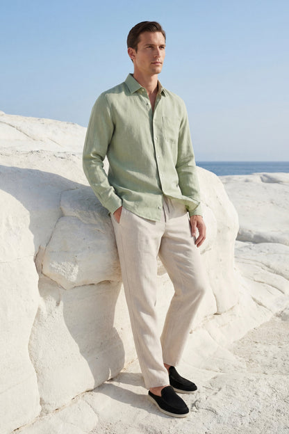 Pisa de Luna Bellucci, conjunto de lino de manga larga para hombre en verde menta/beige