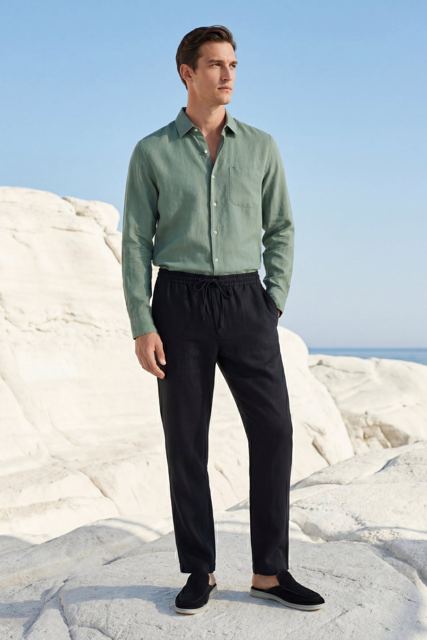 Pisa de Luna Bellucci, conjunto de lino de manga larga para hombre en verde/negro